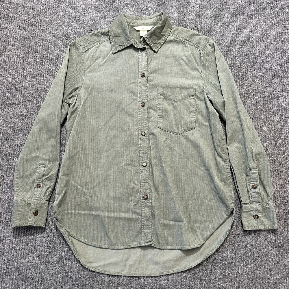 H&M Womens Button Up Shirt Green Corduroy XS 100% Cotton Long Sleeve Casual